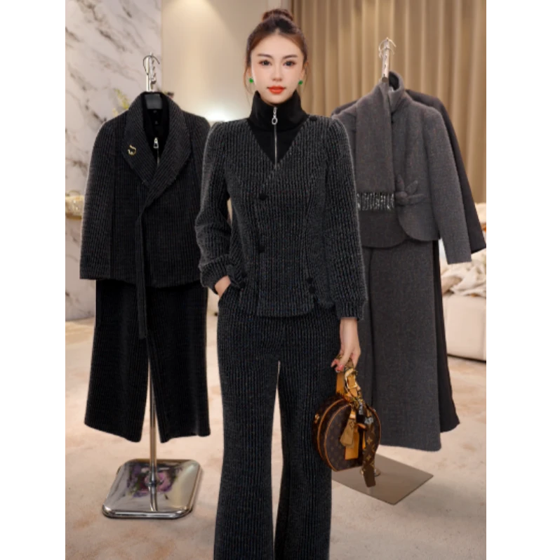 G9506小香风气质两件套装裤女秋冬减龄加厚拼接贵夫人收腰套装