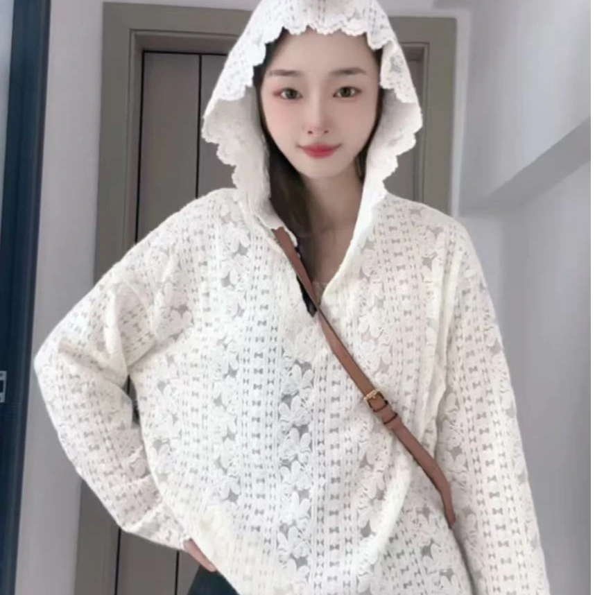 高级感重工钩花长袖连帽蕾丝衫2025春季新款中长款叠穿打底上衣女