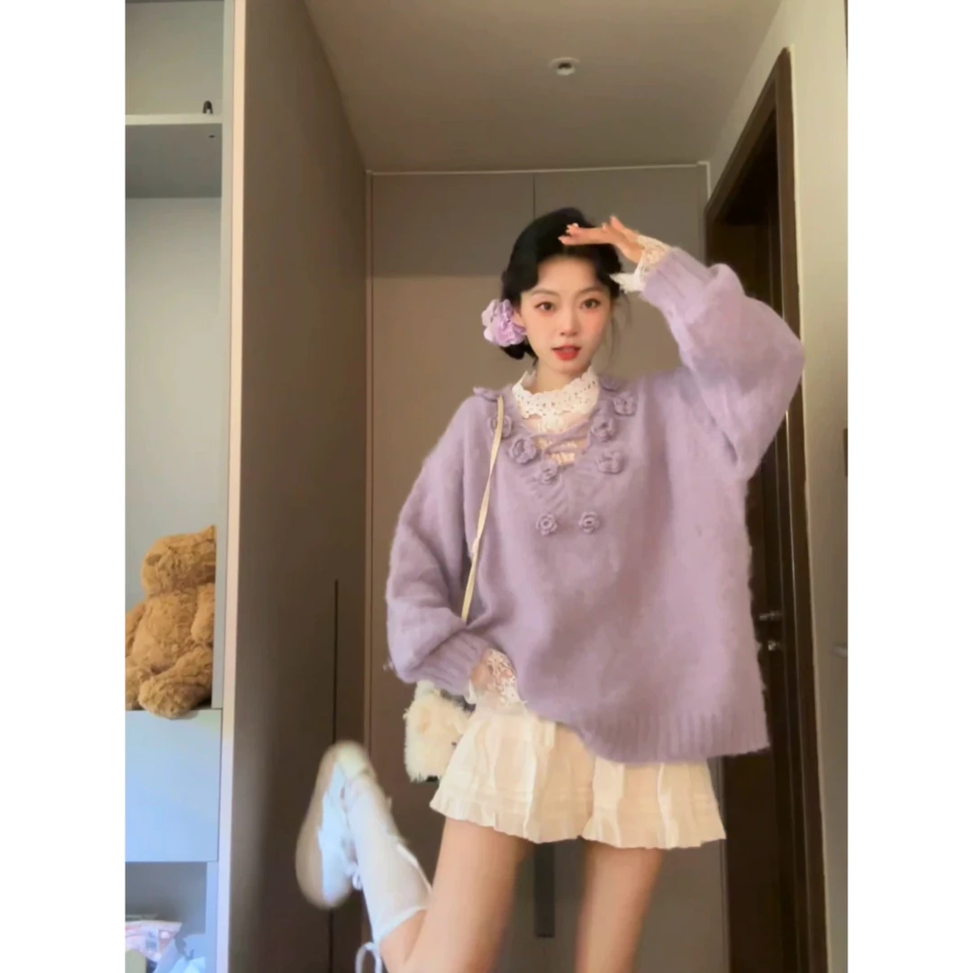 甜美紫色毛衣针织衫外套内搭蕾丝衬衫女冬半身裙三件套