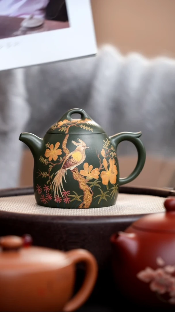 【闪购商品】紫砂茶壶民国绿秦权泥绘鸟