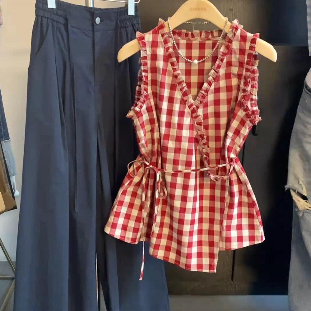 【格纹诗语】复古小众拼接木耳边褶皱收腰绑带无袖衬衫女夏季