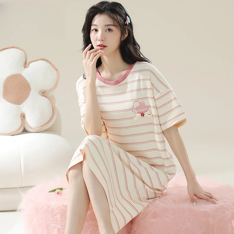 浪莎【7A抗菌】睡裙女士夏季新款纯棉短袖中长款条纹大码家居服睡衣