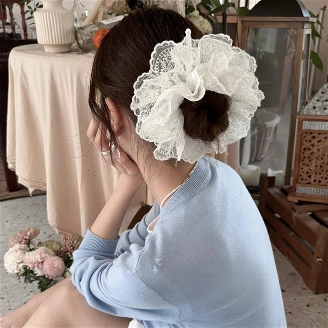 法式白色蕾丝花边布艺发圈头花超仙甜美百搭丸子头网纱发绳头绳