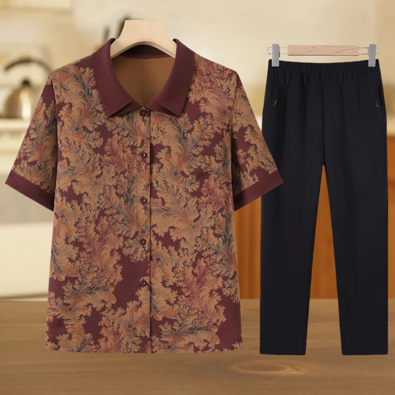 妈妈装时尚女装母亲夏装衬衫中年妈妈50-60岁洋气翻领老年人衣服
