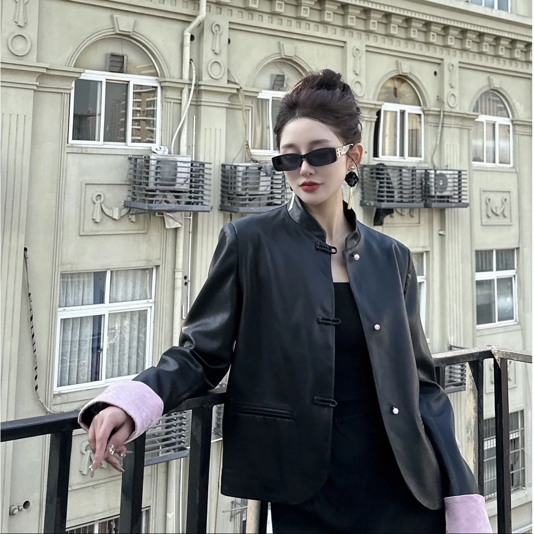 气质中式国风外套2025春秋季新款今年流行女装黑色皮衣女上衣6919
