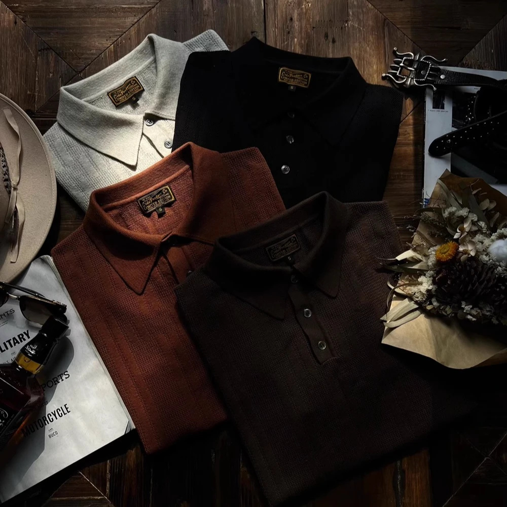 CIDU/刺度32支双股强捻新疆棉镂空针织Polo衫美式复古翻领短袖T恤