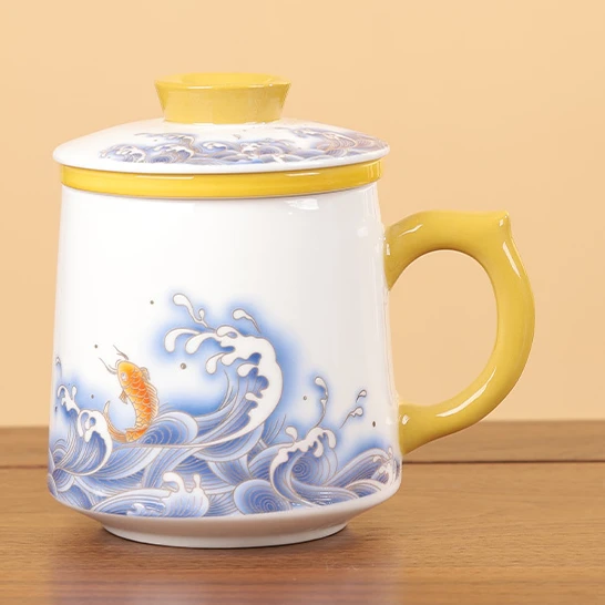 心名茶器 羊脂玉瓷鱼跃龙门三件套办公杯茶水分离杯泡茶杯-1872