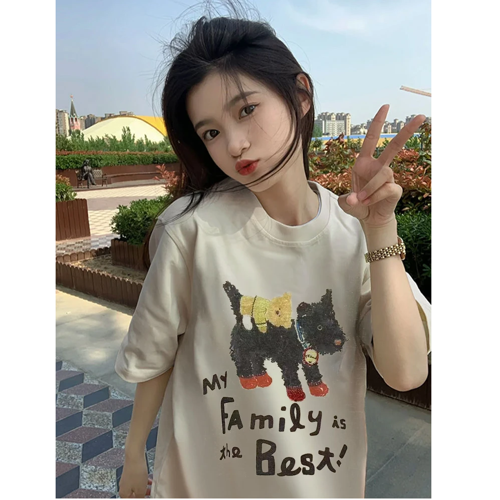 学院风抗起球字母短袖休闲风t恤夏装印花圆领复古ins学生黑色t恤