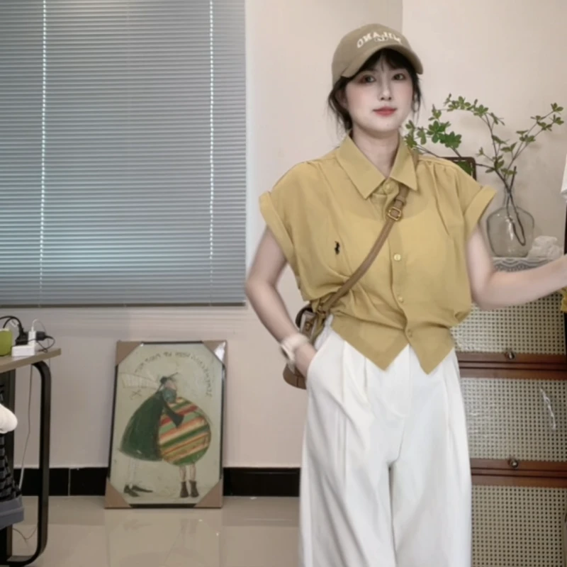 小个子刺绣翻领无袖衬衫夏款百搭t恤韩版纯色显瘦叠穿气质时尚