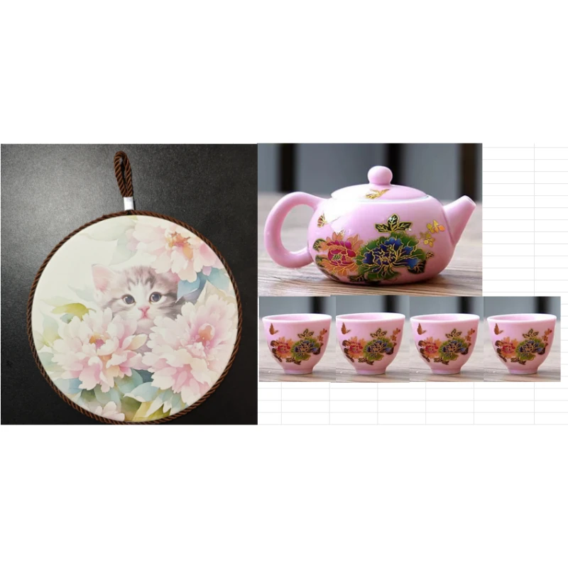 DD-ZH3160-粉蝶恋花变色一壶四杯+萌猫牡丹茶盘
