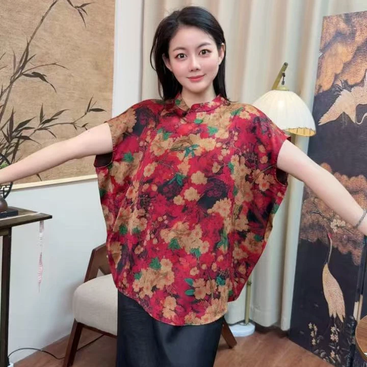 299夏季中式时尚印花复古风色宽松100桑蚕丝单品女装