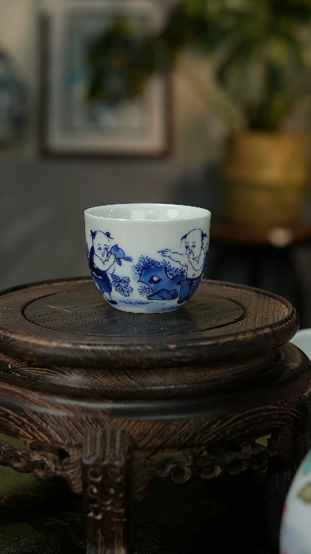 【闪购商品】039国企好瓷推荐景德柴窑青花童子缸杯