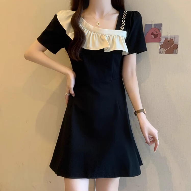 大码黑色短袖连衣裙女夏季显瘦复古短裙微胖MM荷叶边拼接裙子1538