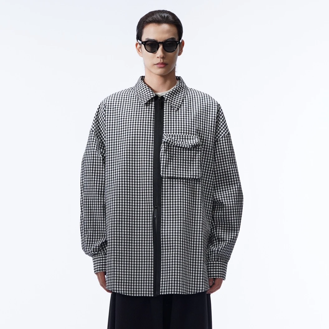 大阔型  泡泡格纹黑白格撞色拉链设计口袋外套  8559