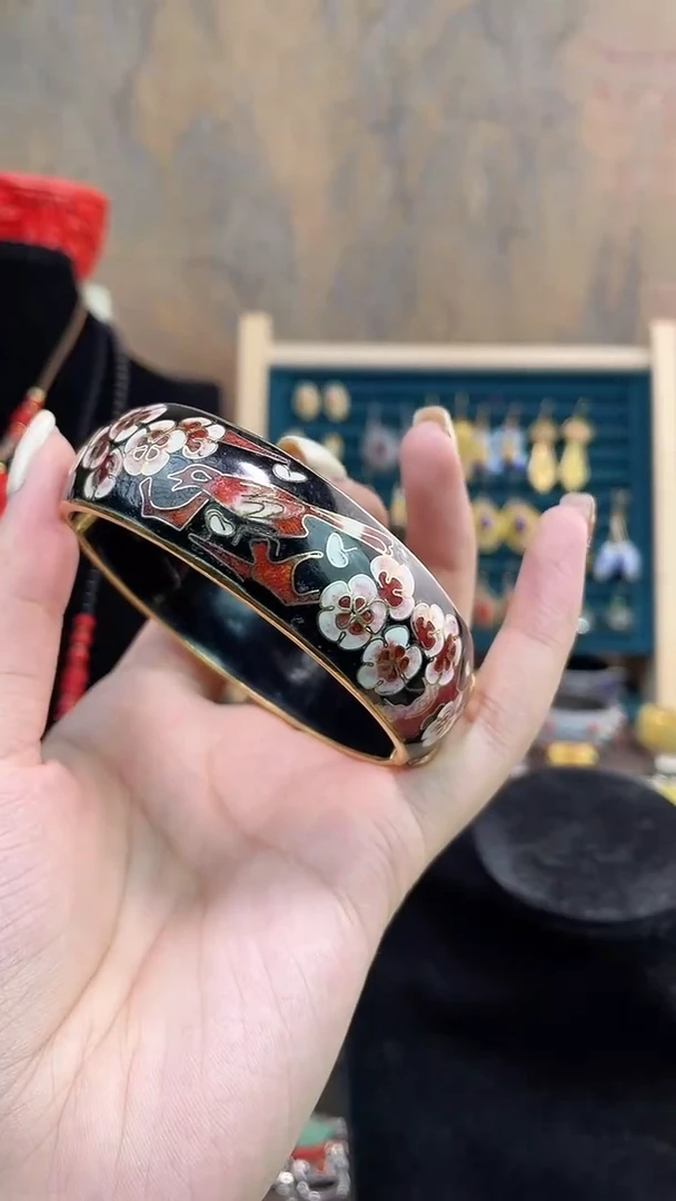非遗手工景泰蓝开口银蓝镯子黑色