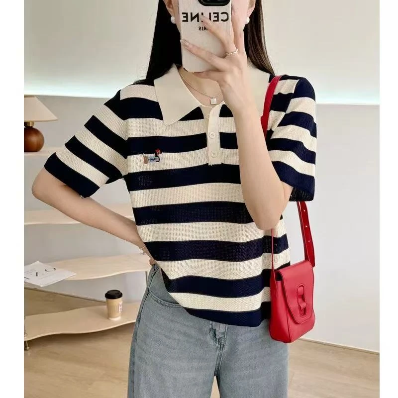 腊肠狗polo领翻领条纹时尚卡通小狗刺绣针织短袖女1214