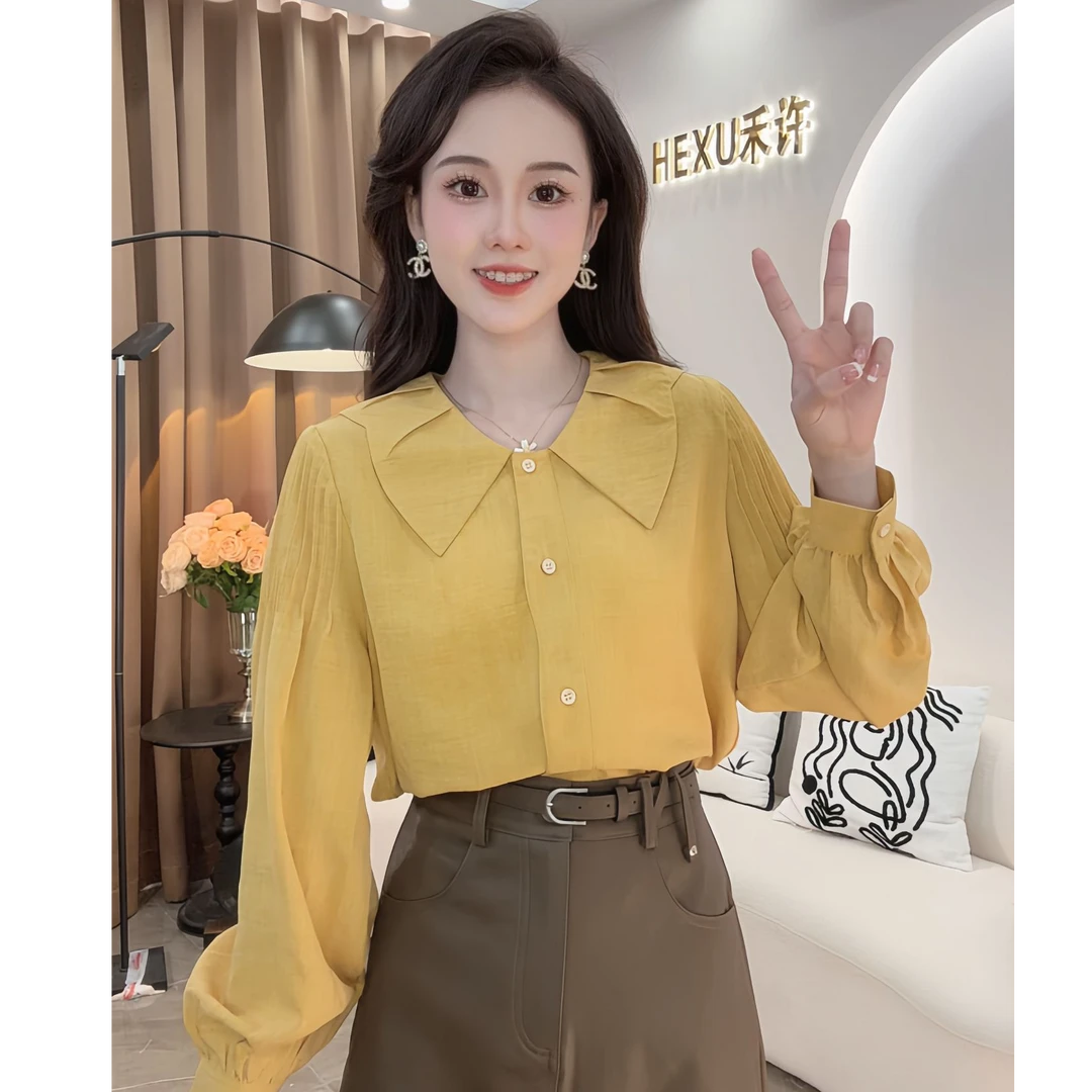 法式复古单排扣翻领长袖衬衫女2024夏季新款设计感宽松百搭上衣