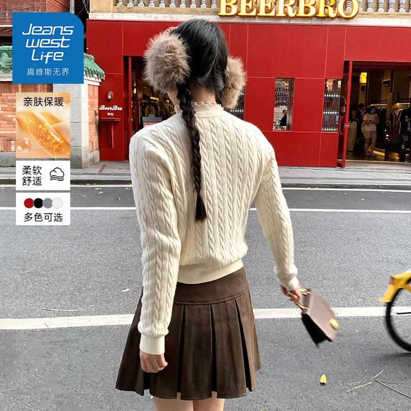 真维斯无界圆领毛衣2025秋季女装新款宽松长袖针织学院风开衫外套