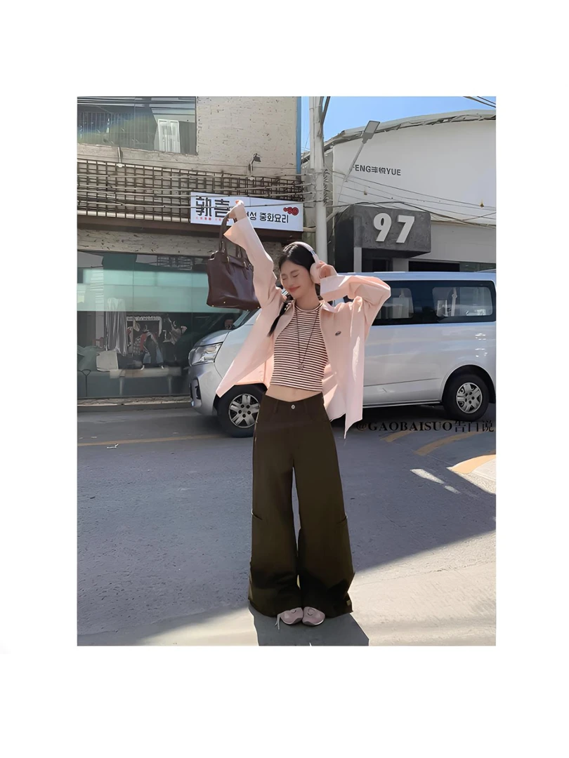 新秋美式复古琥珀色阔腿牛仔裤女设计感宽松多口袋工装裤拖地长裤