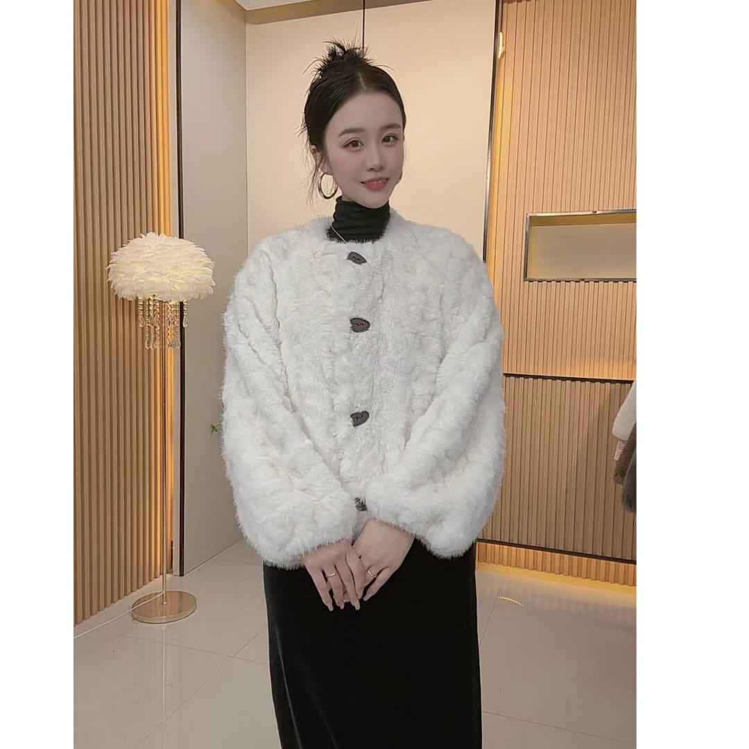 气质名媛风小香圆领环保皮草秋冬新款小个子短款外套女