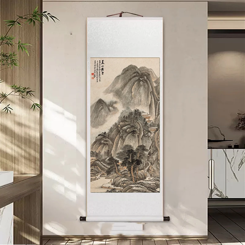 《夏山萧寺》玄关装饰画沙发背景墙卷轴挂客厅办公室茶复刻|室进门