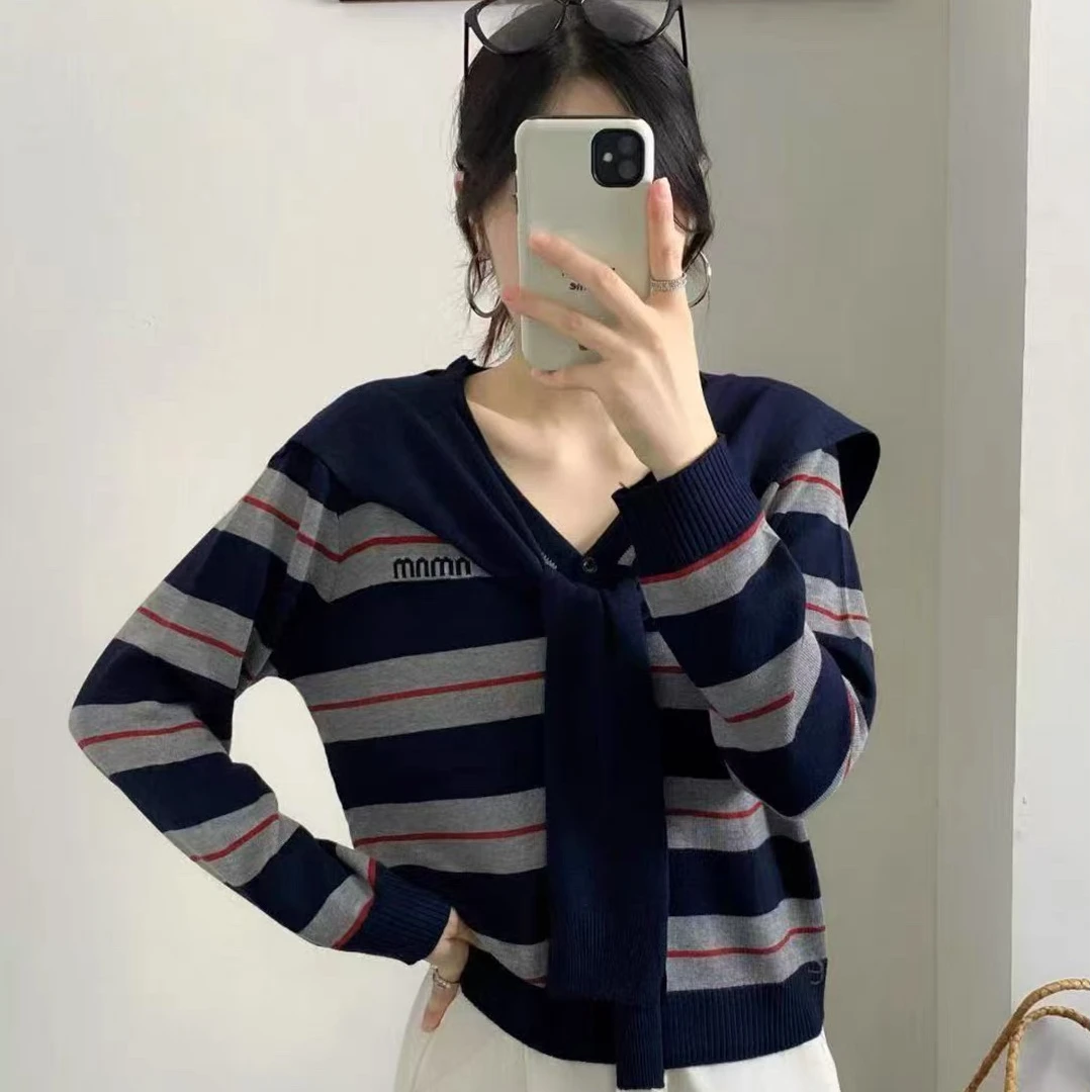 宽松显瘦【80-200斤】V领高级感针织衫女披肩条纹上衣减龄小衫秋冬