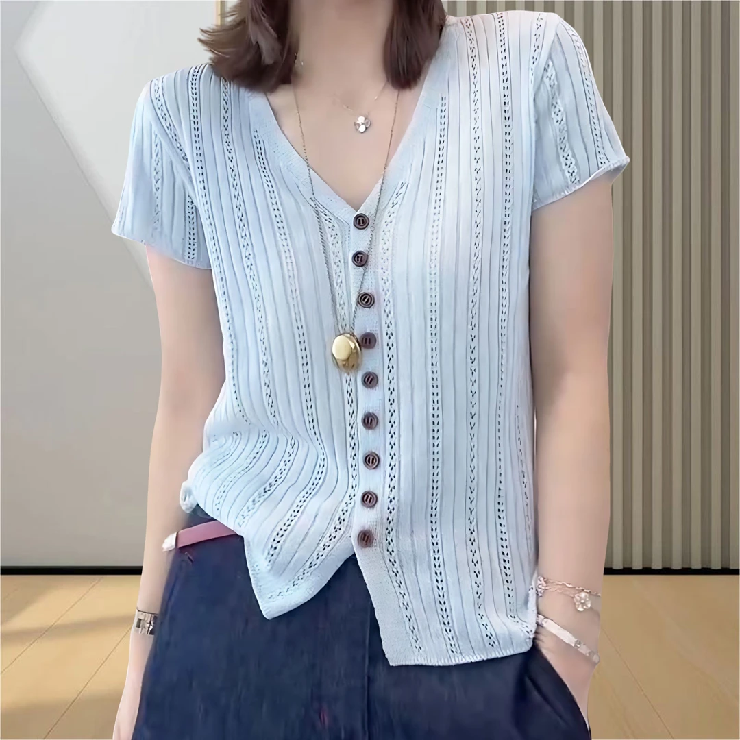 夏季短袖v领开衫针织衫女款爆款2025新款韩版洋气减龄显瘦上衣