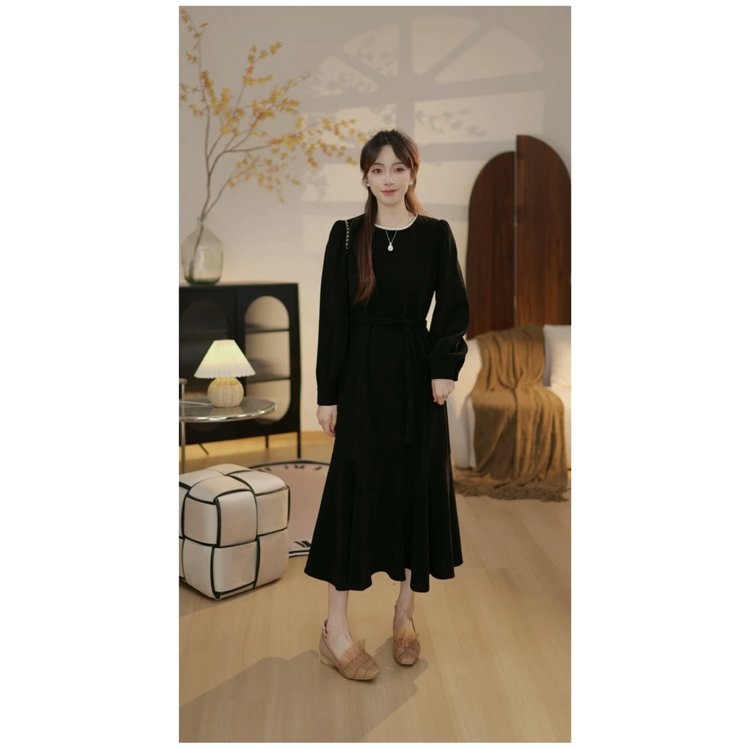 【时光手册B】加绒加厚冬季法式宽松气质显瘦高级感连衣裙黑色长裙
