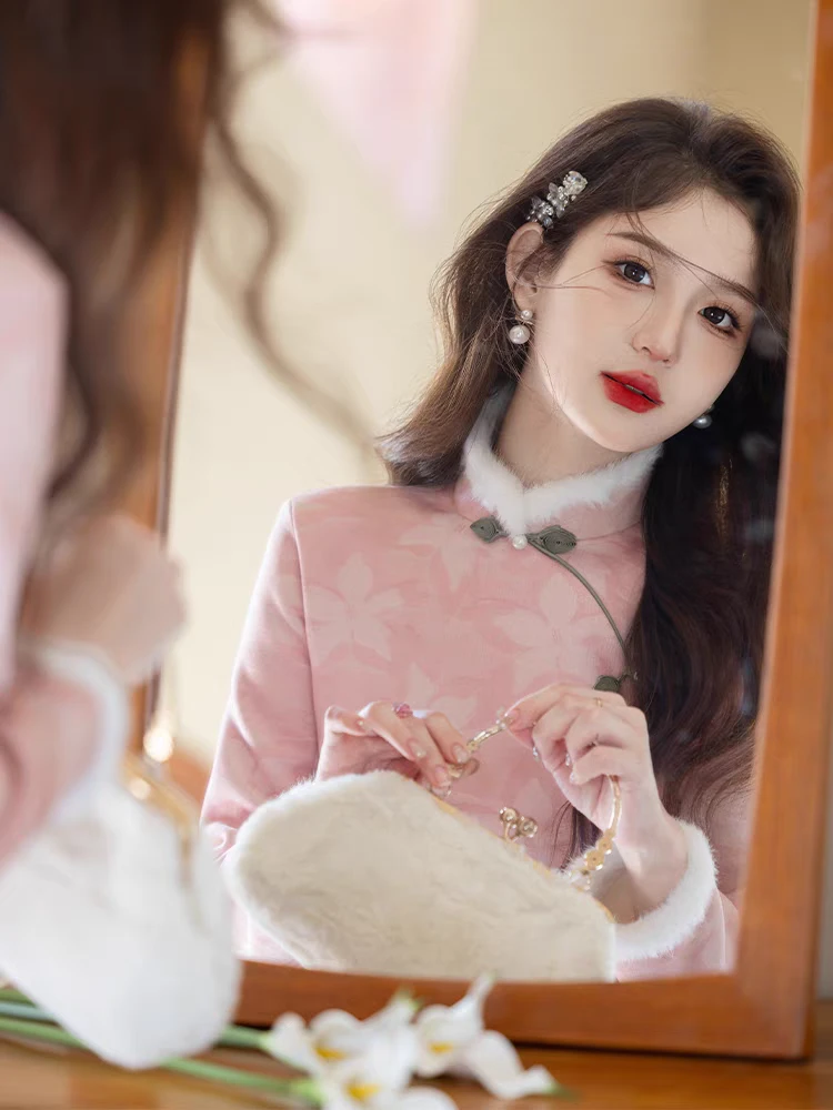 0118〖粉色印花〗年轻款春秋长袖新中式日常中国风苏州旗袍