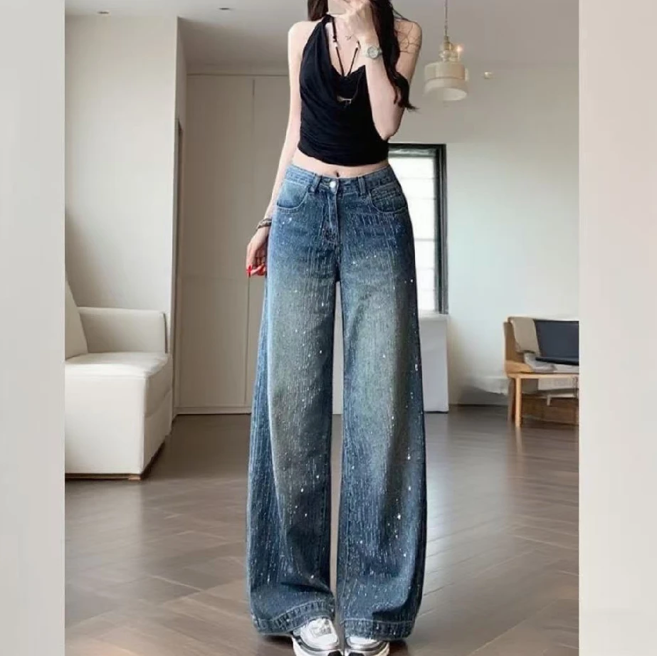 B2027新款重工烫钻牛仔满天星阔腿裤百搭休闲时尚设计感小众韩版