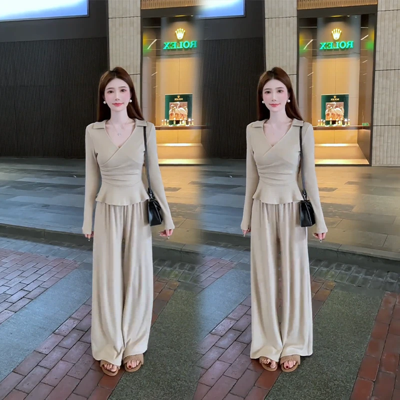 秋冬韩系气质V领长袖荷叶摆上衣显瘦洋气减龄垂感直筒休闲裤套装