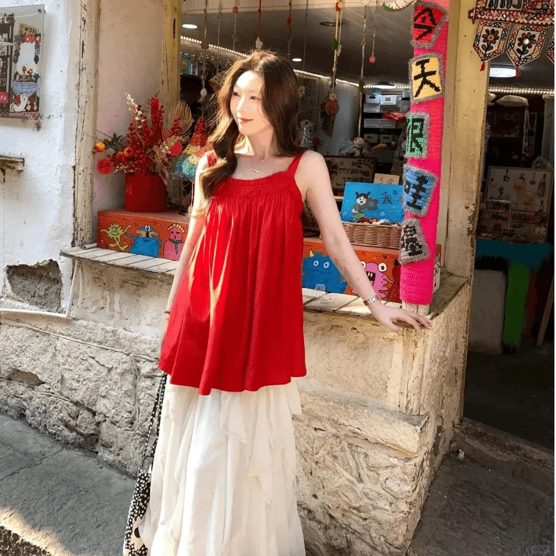 韩系多巴胺时尚套装女夏季新款无袖吊带背心搭配显瘦半身裙两件套