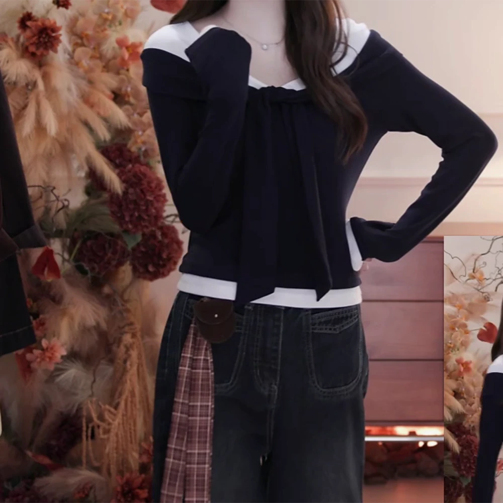 假两件v领绑带长袖t恤女设计感小众修身上衣C6305