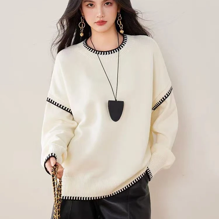 慵懒风松弛感套头毛衣女2025秋冬设计感拼接缝线圆领针织衫长袖