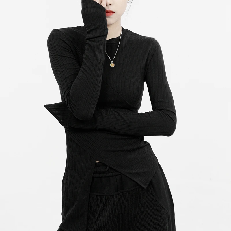 KEN STUDIO 设计感秋冬新款长袖t恤女不规则修身开叉针织衫打底衫