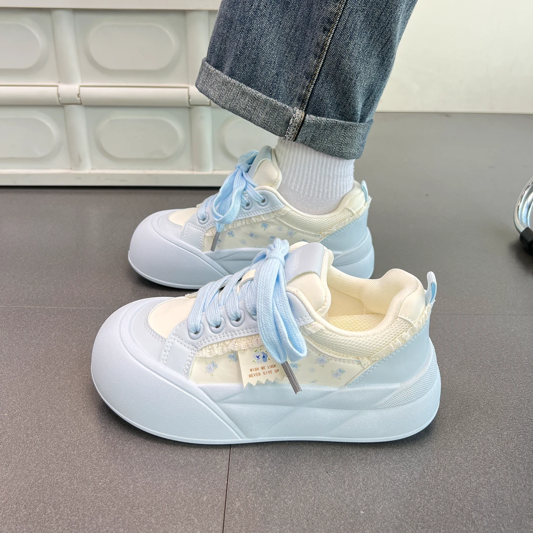 丑萌大头泡芙面包鞋女ins潮百搭薄款透气蕾丝板鞋休闲厚底小白鞋
