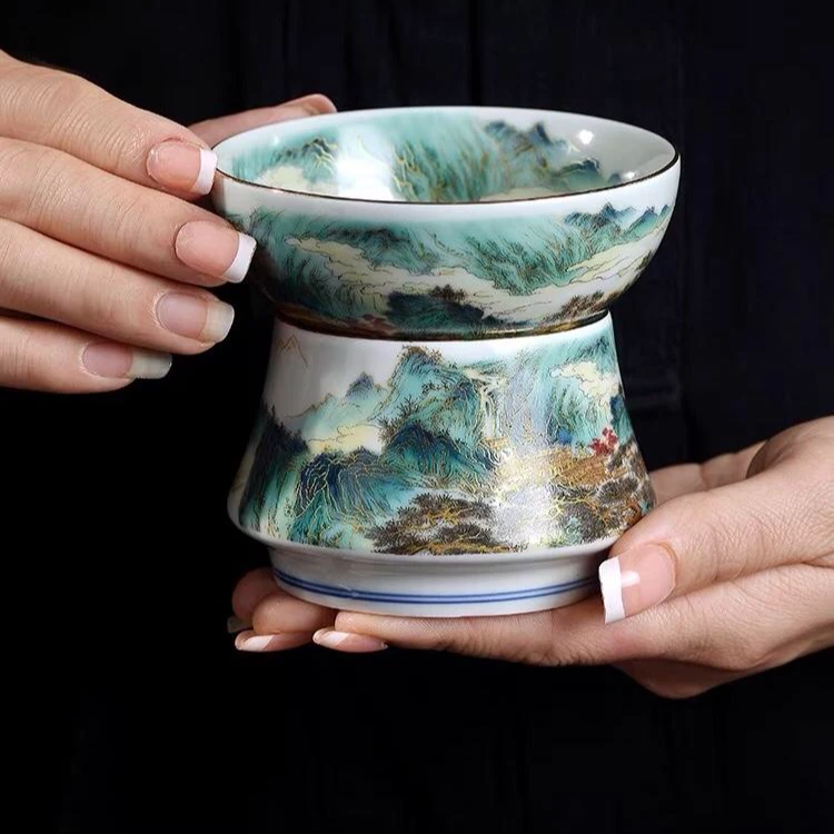 景德镇珐琅彩描金山水茶漏陶瓷茶滤家用茶隔全瓷一体茶叶过滤网