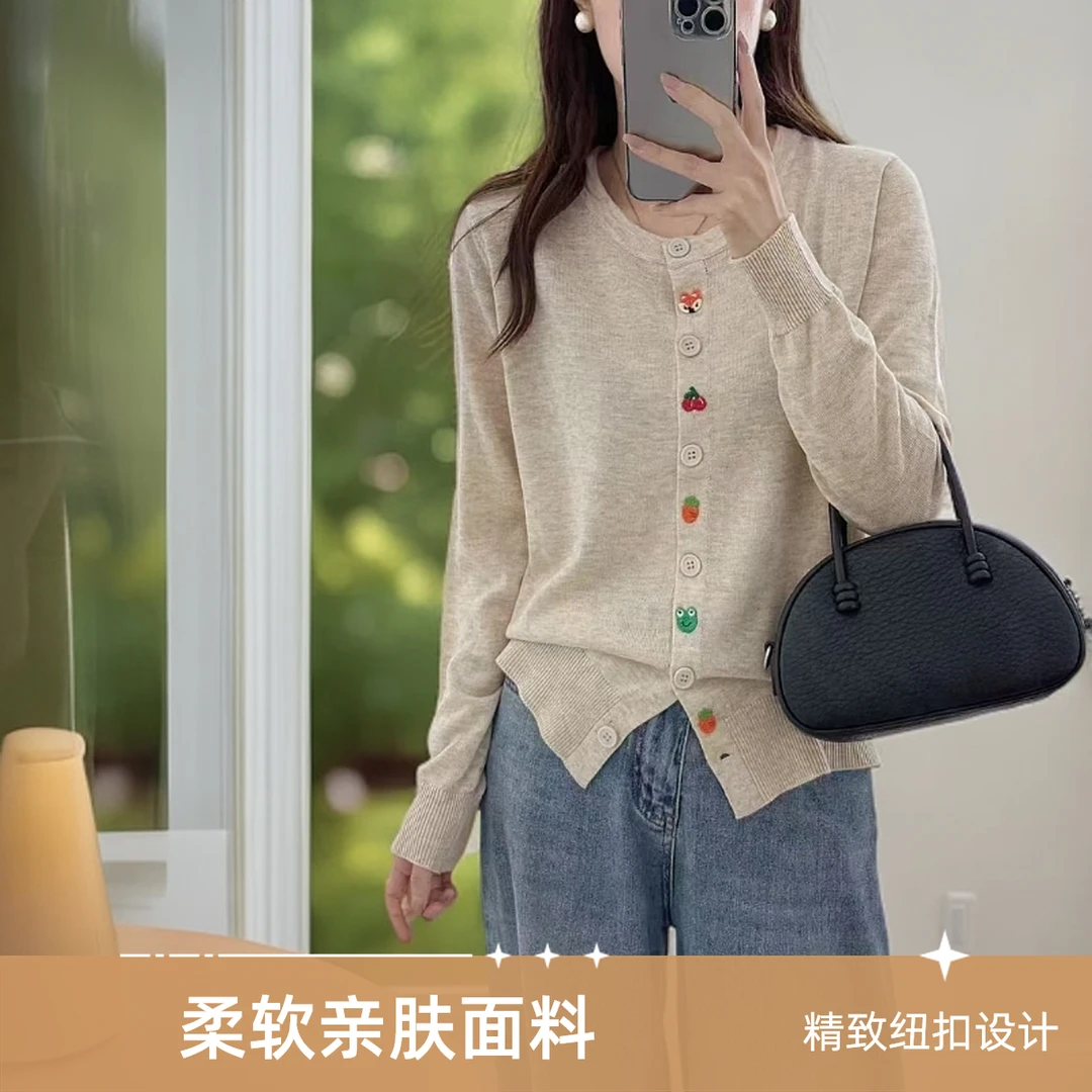 2025春秋新款宽松百搭针织开衫外套上衣休闲风动物纽扣长袖毛衣女