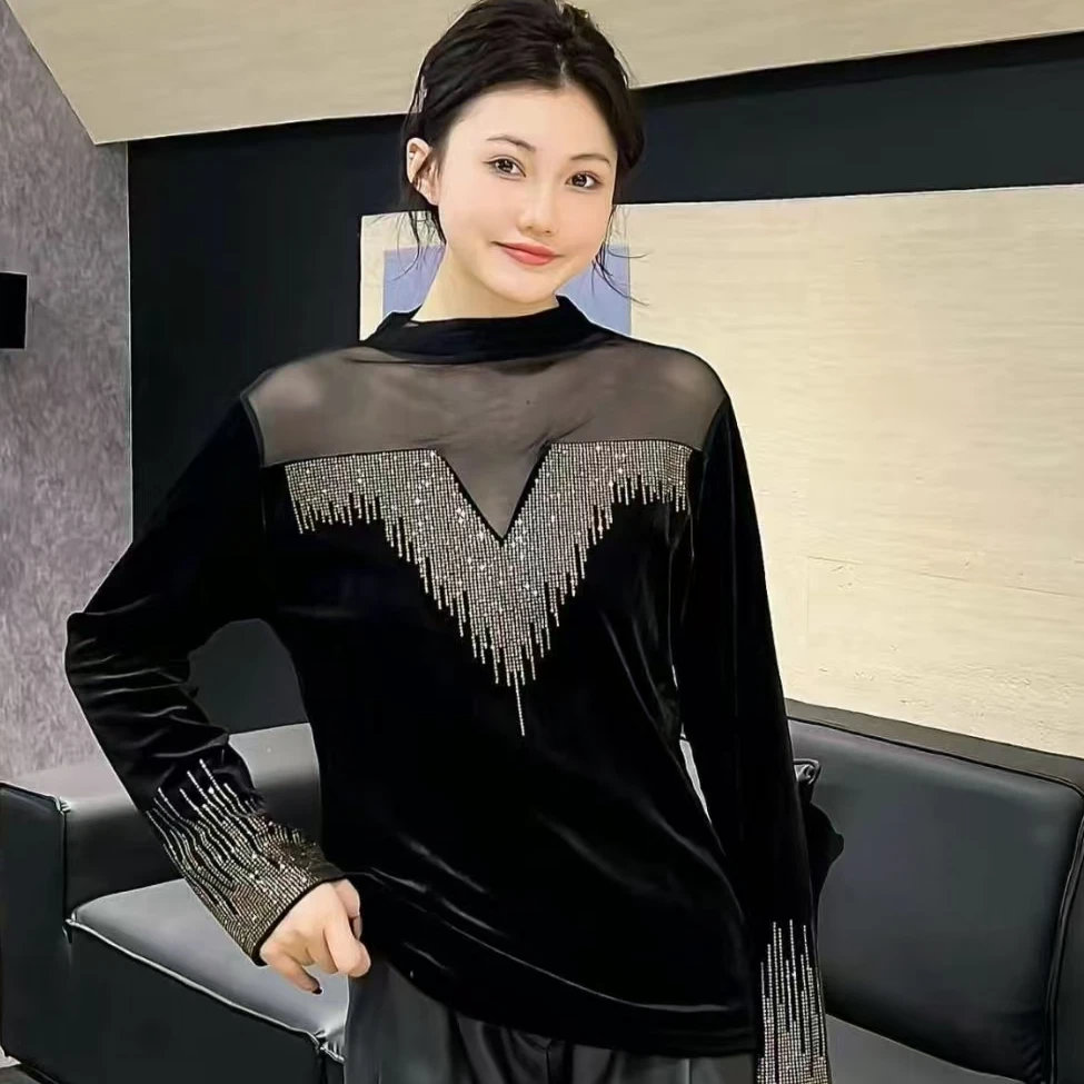 气质V领秋冬新款内搭金色钻银色钻金丝绒修身女半高领长袖打底衫