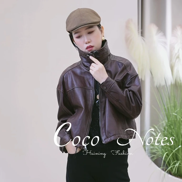 COCO NOTES【欧美复古】25818简约拉链欧美风植鞣油腊绵羊皮短外套
