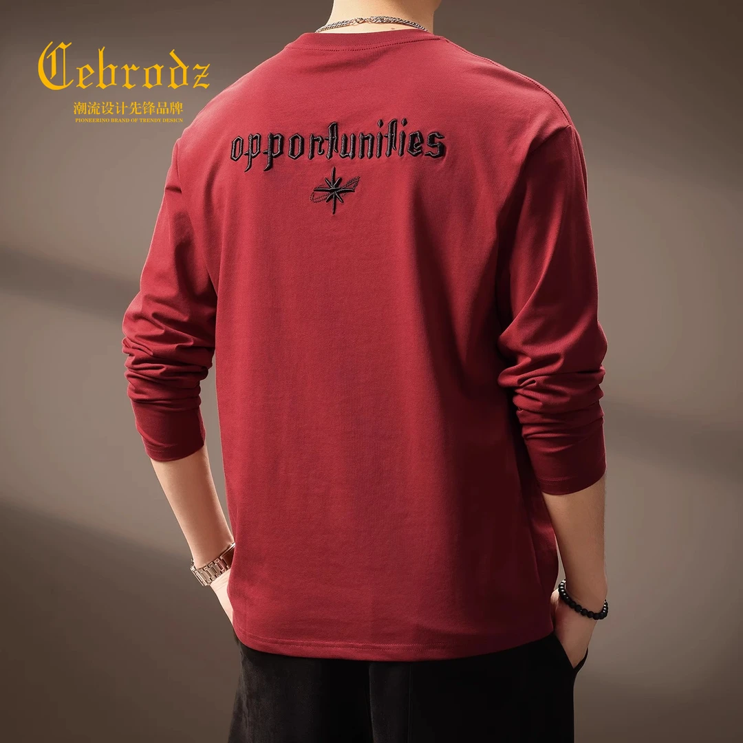 法国Cebrodz潮牌字母刺绣长袖T恤男2025新款秋季宽松圆领落肩