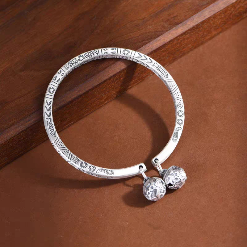 足银手镯 足银999做旧方形实心吉象玲珑球开口手环（38.08g）