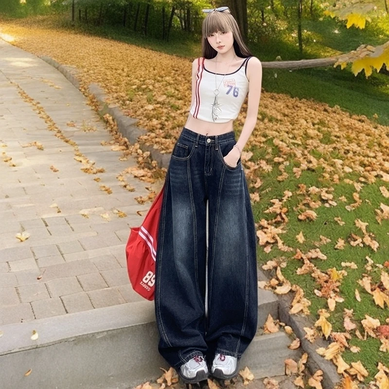 美式复古刺绣爆款阔腿牛仔裤女新款高腰直筒宽松拖地裤春秋提臀