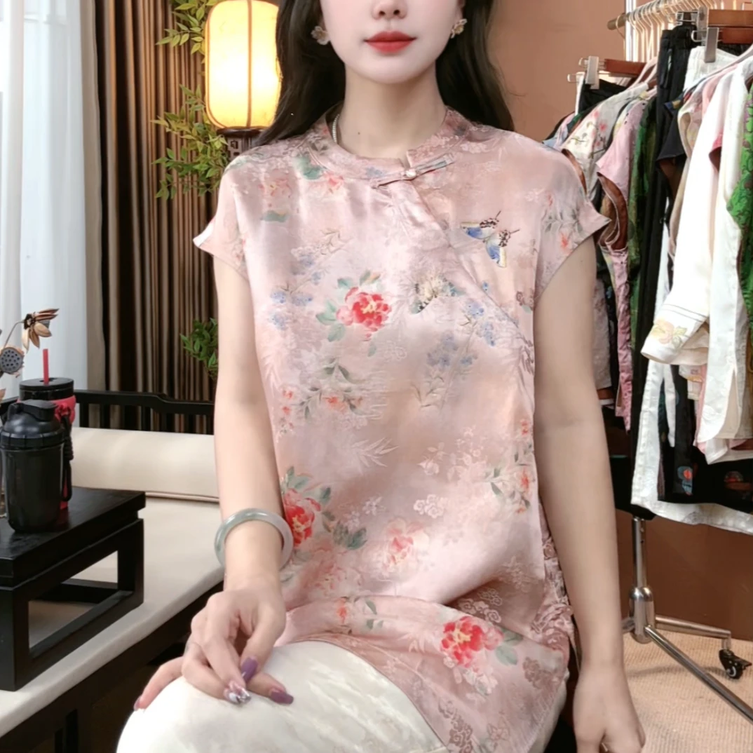 2025夏季新中式桑蚕丝短袖时尚显瘦百搭中国风上衣女S210