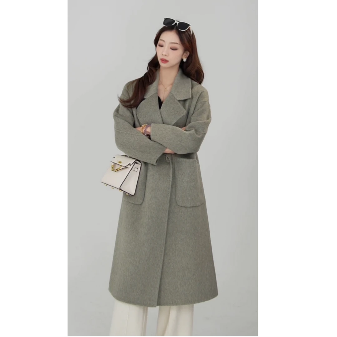 【瑾阁】长款落肩袖女式大兜翻领双面尼外套9003