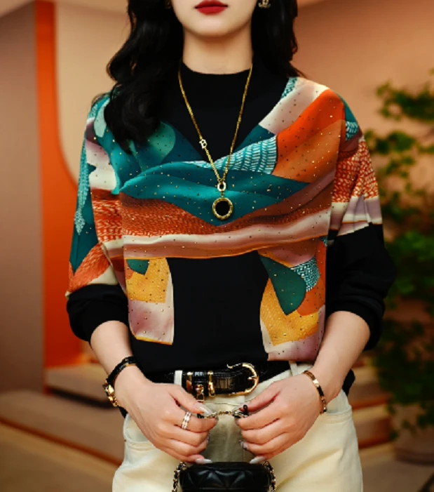 高端长袖时尚上衣女显瘦显白百搭印花圆领减龄