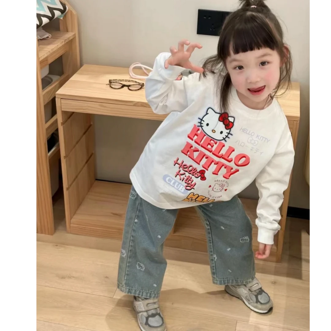 《现货》韩版女童2025年早秋新款卡通猫T恤牛仔裤套装