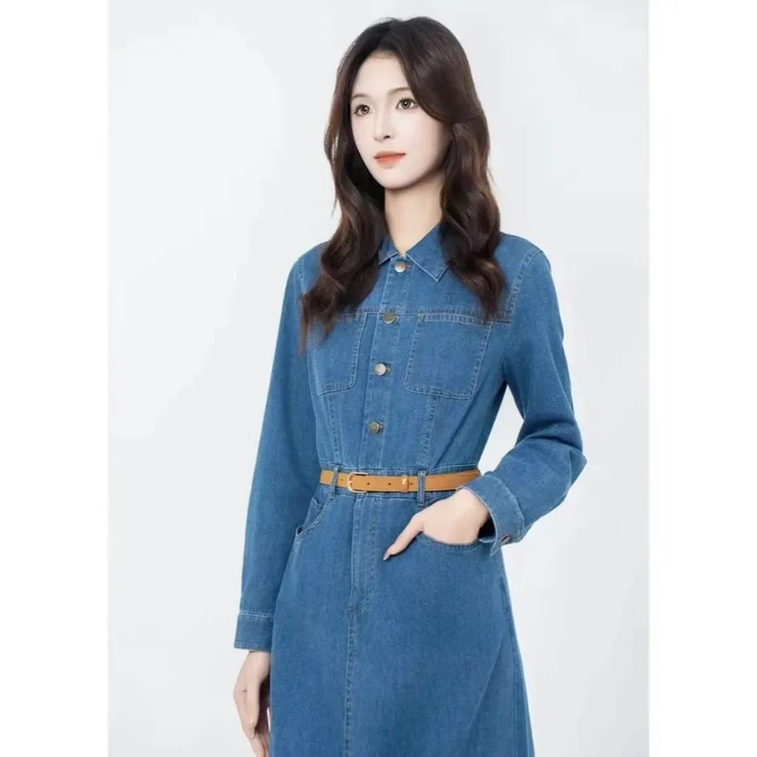 AMASS/阿玛施 新款时尚经典复古百搭翻领长袖牛仔连衣裙 5500657