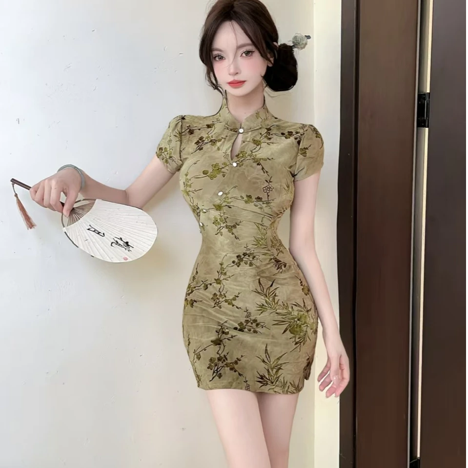 冰丝植绒改良旗袍连衣裙女夏季小个子中式复古气质开叉收腰包臀裙