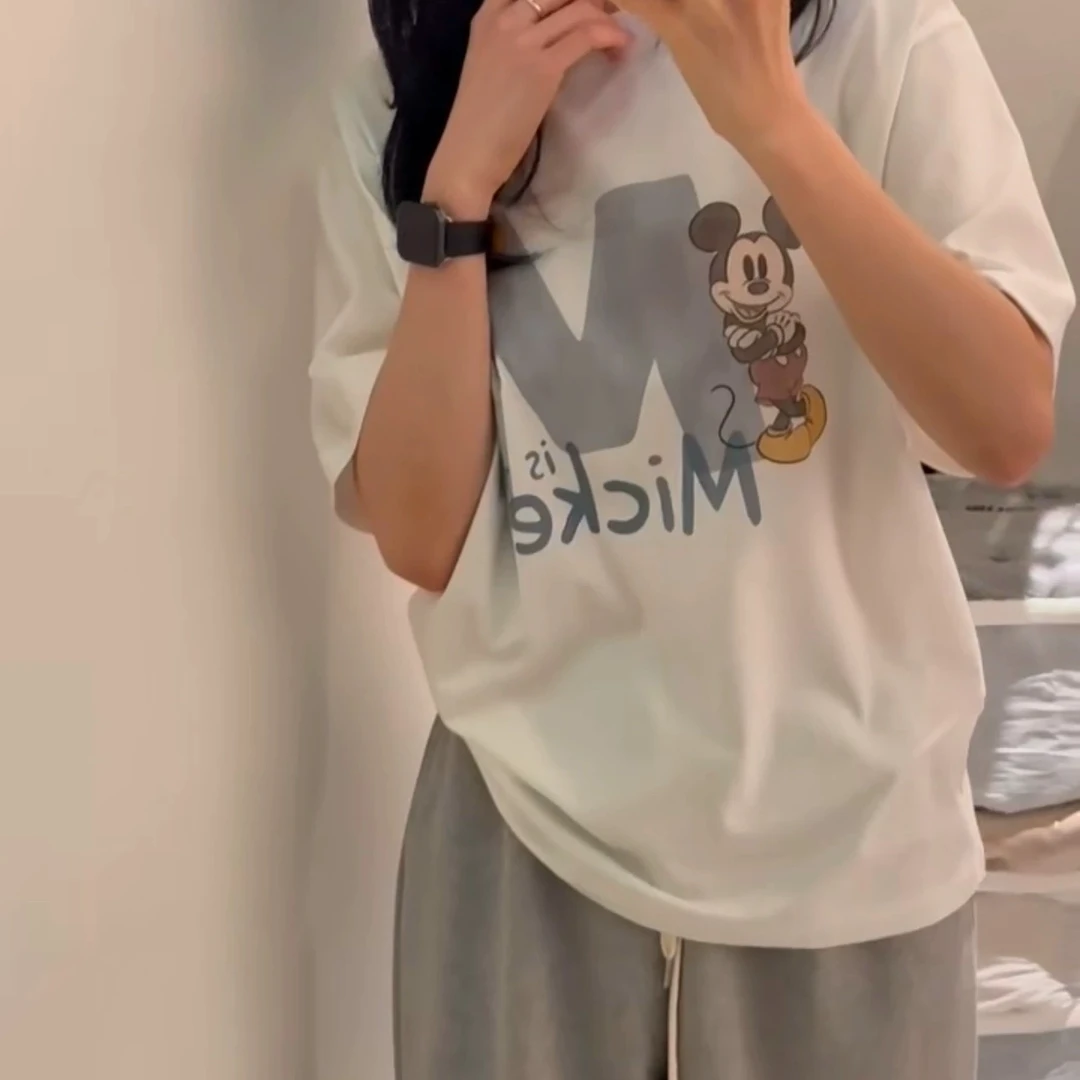 2025韩国东大门复古卡通米奇字母半袖T恤 百搭时尚减龄款